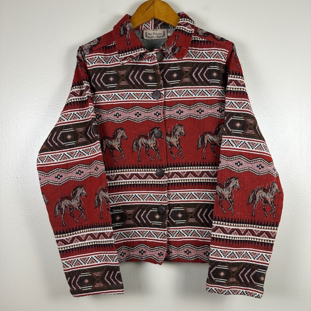 New Direction Women's L Tapestry Jacket Red Southwestern Horse Pattern Button Up